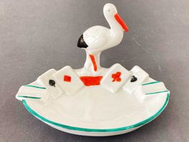 Vintage Aschenbecher mit Storch Poker Spielkarten Keramik