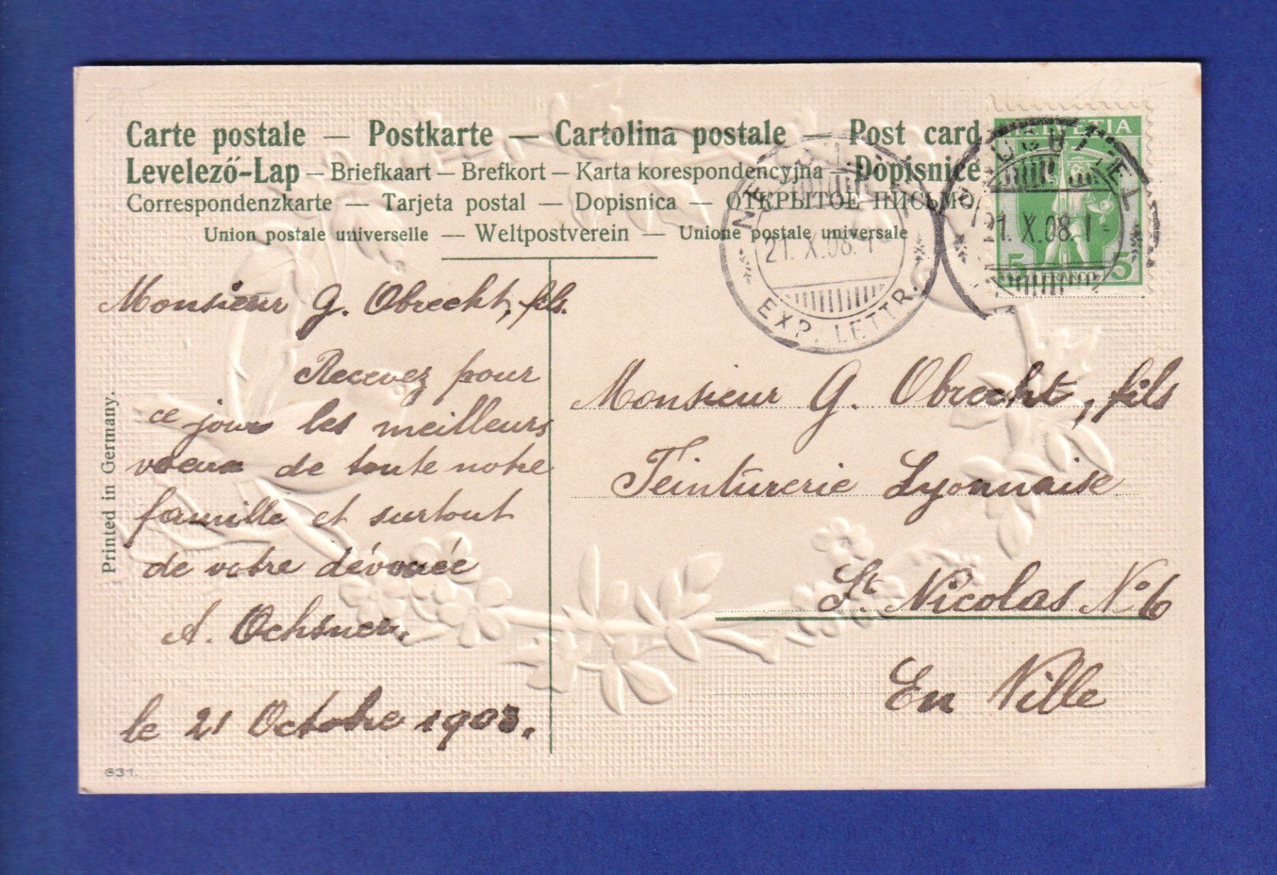 Cartoline postali: OISEAU - Fleurs - Carte gauffrée – Usato da Pully venduto da nicecards-shop 1