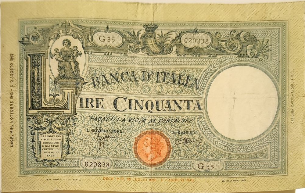 50 Lire 1943 Italien Banknote (Gebraucht) in Zürich für CHF 35 – mit ...