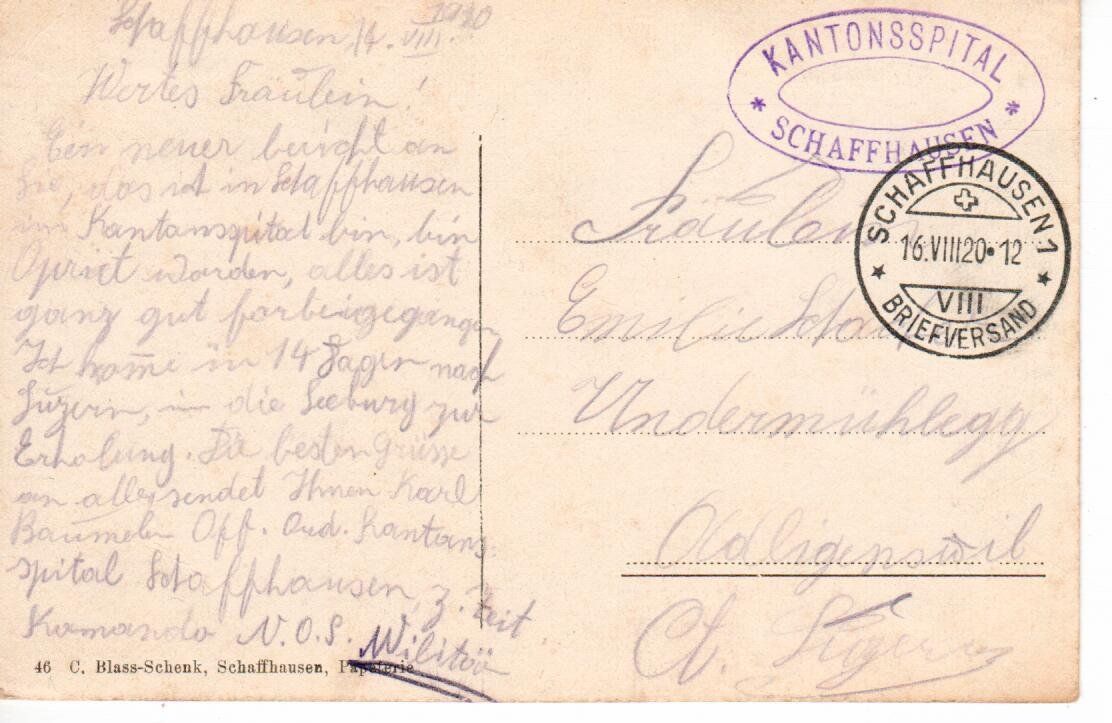 Ansichtskarten: Schaffhausen Kantonsspital 1920 – Gebraucht aus Wolhusen von Curver9 1