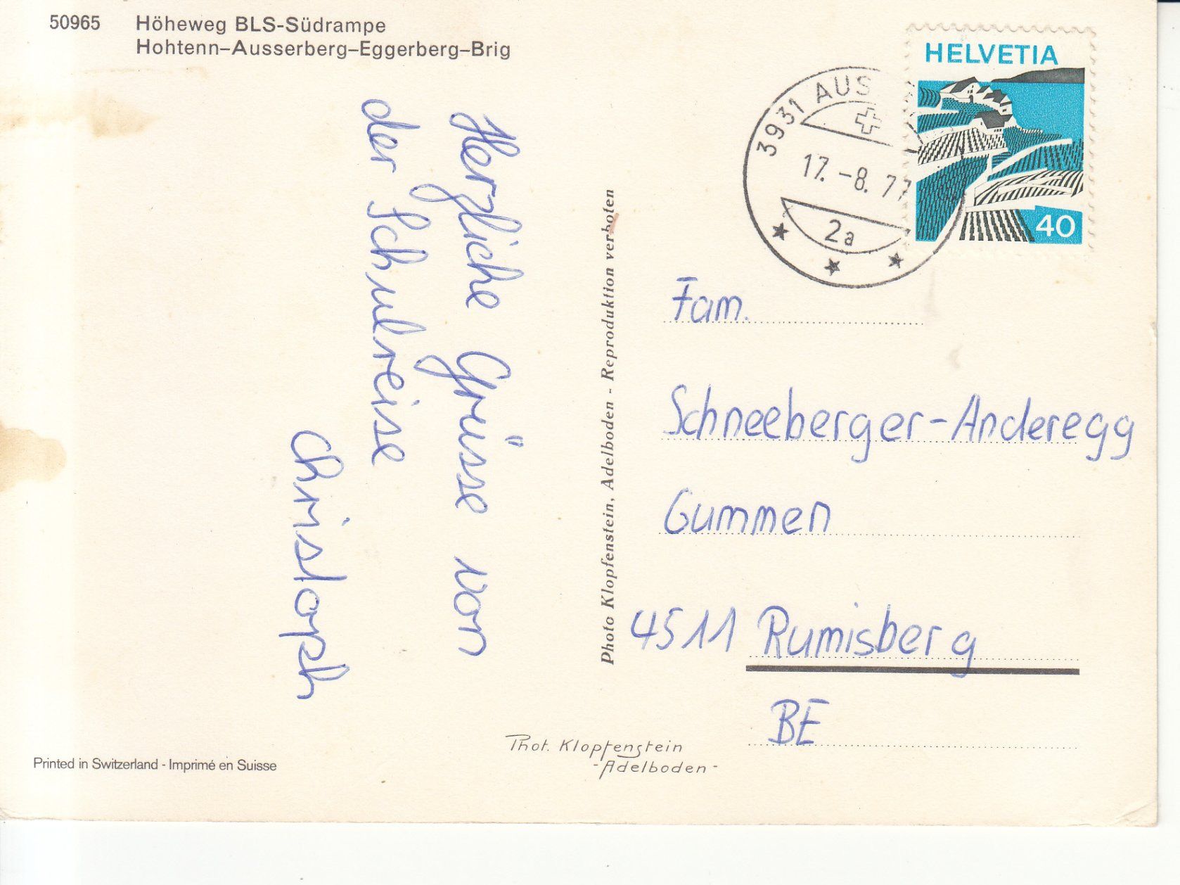 Ansichtskarten: Höheweg BLS Südrampe 1977 – Gebraucht aus Bürglen TG von StampGraf 1