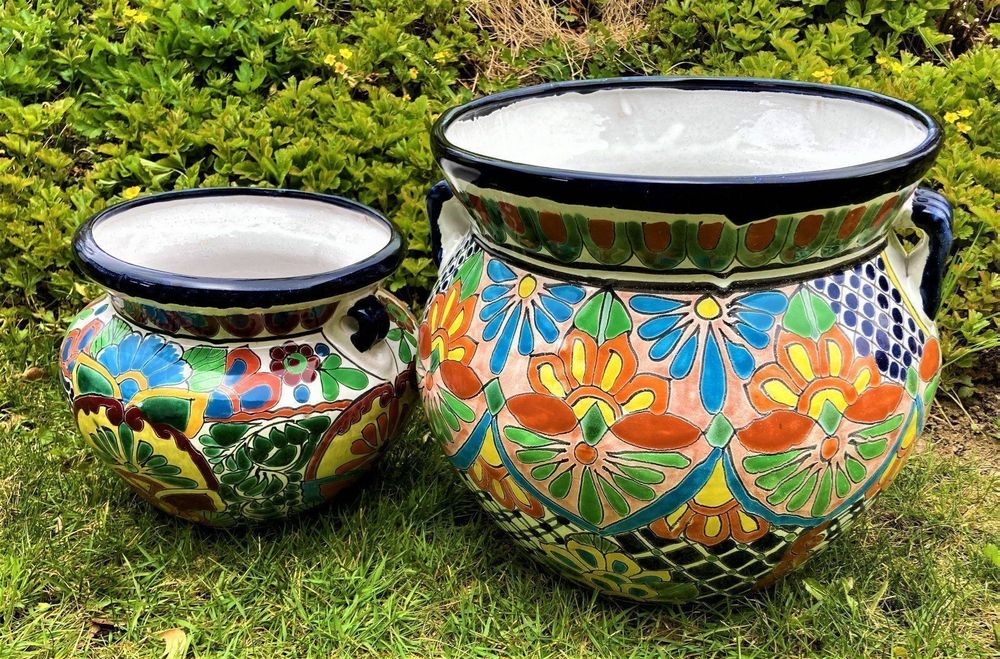 Vase Talavera Mexique 1950 – Poterie Ancienne, Anses Ruban, Multicolore