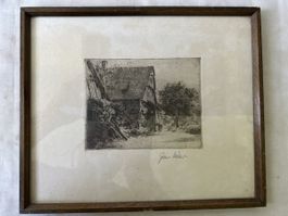 Julius Müller Radierung, Bauernhaus im Sommer, gerahmt!