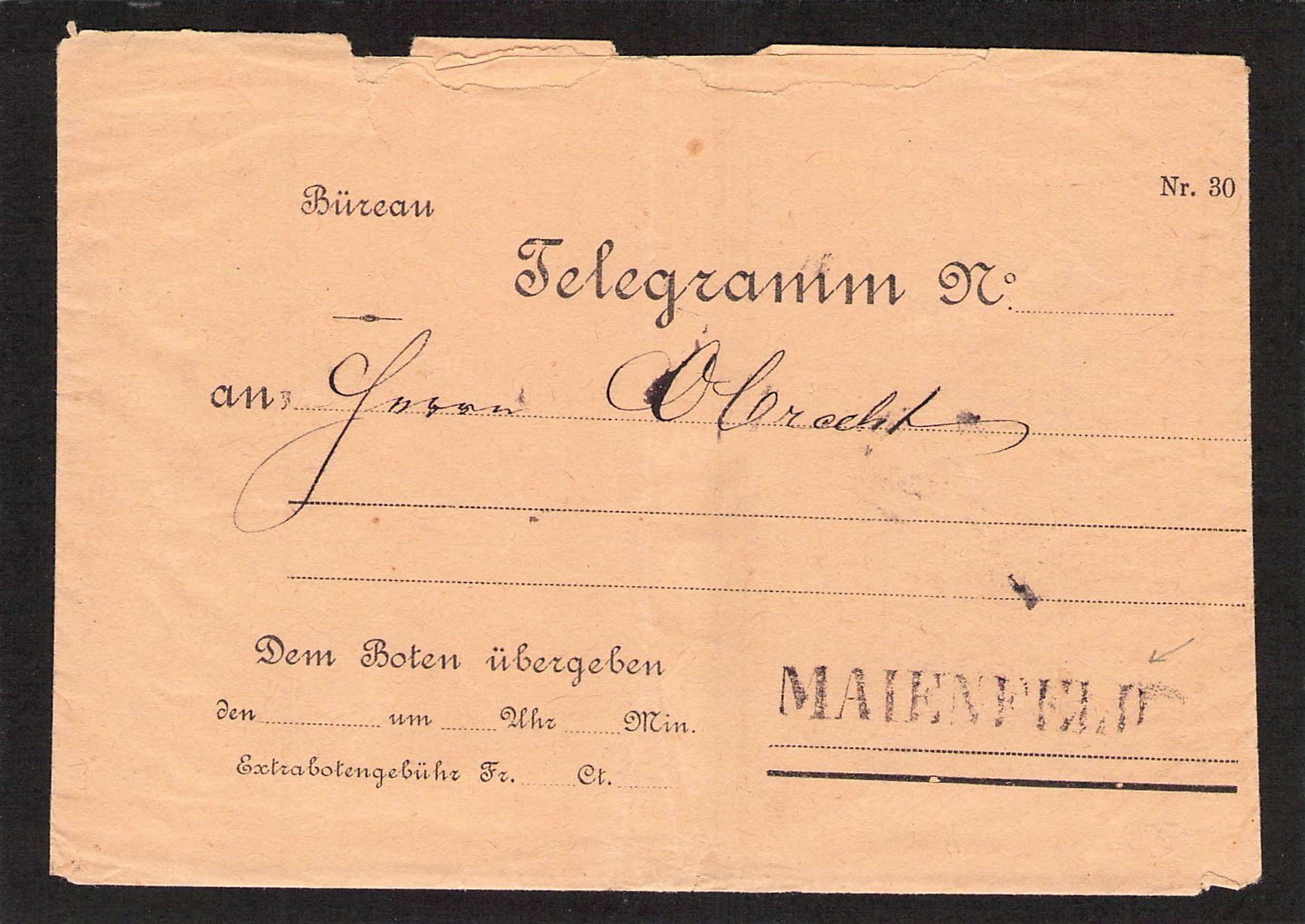 Tutti i francobolli: Stabstempel Maienfeld auf Telegramm , ca 1880 – Usato da Reichenburg venduto da Pipo-67