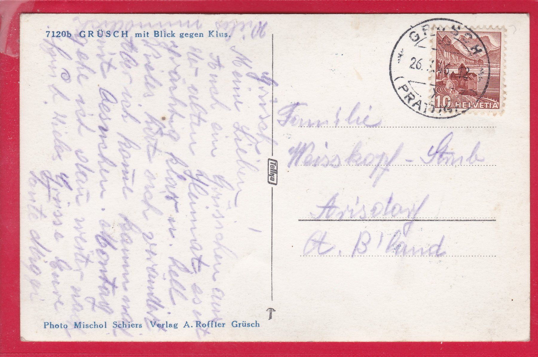 Ansichtskarten: GRÜSCH MIT BLICK GEGEN KLUS, 26.10.1946 – Gebraucht aus Oberrieden von Gebirgsstelze 1