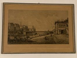Altes Bild von Paris mit Gebäude, Brücke, Wagen und Fluss