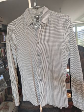 H&M Langarmhemd Hellgrau/Beige Feingestreift S