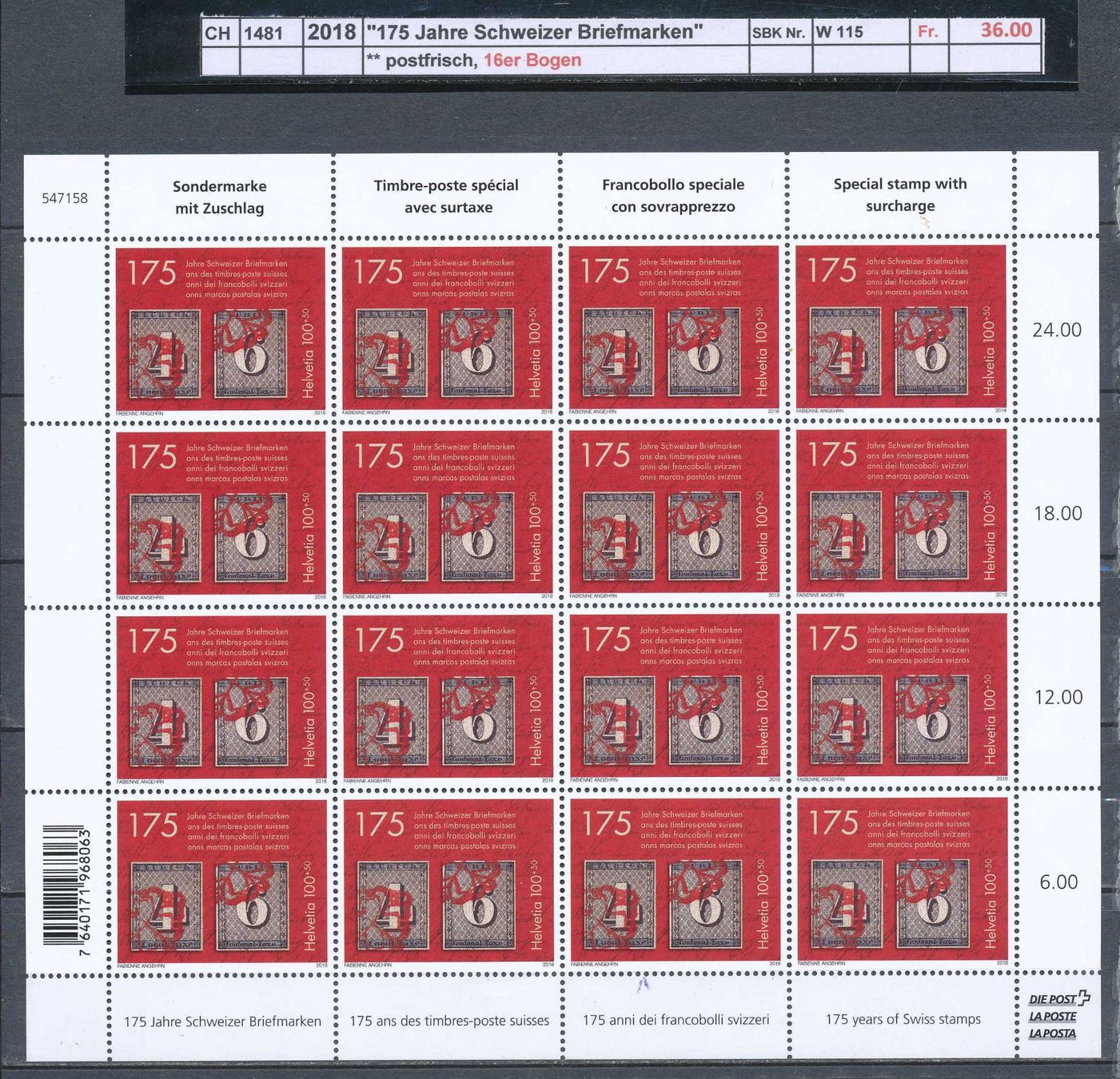 Tous les timbres: 2018 "175 Jahre Schweizer Briefmarke" - Bogen, ** postfrisch – Neuf (Voir description) à Winterthur par Zupogeru