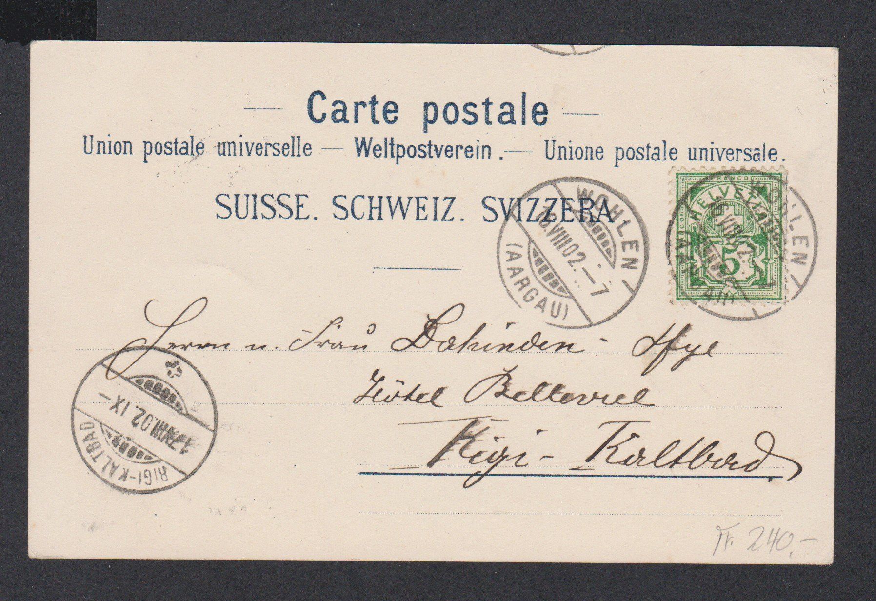 Ansichtskarten: Wohlen  AG   :   Litho Ansichtskarte gest. 16.8.1902 – Gebraucht aus Vitznau von Ropaku 3