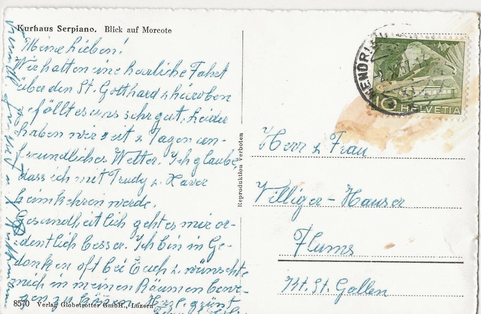 Cartoline postali: Kurhaus Serpiano, 1957 – Usato da Frauenfeld venduto da Merk52 1