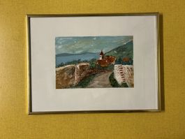 Gemälde Landschaft mit Kirche gerahmt 40x30cm. Signiert 