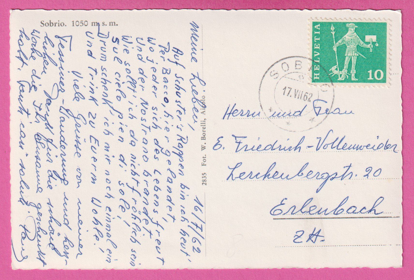 Cartoline postali: Sobrio 1050m gel 1962 – Usato da Einsiedeln venduto da dillie 1