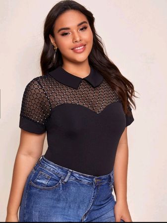 Joli body, col claudine à strass, 1XL, neuf
