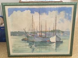Peinture - bateaux sur le lac Léman ou NE /côte arrière-plan