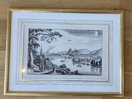 Antike Radierung - Historische Stadtansicht Thun, Goldrahmen