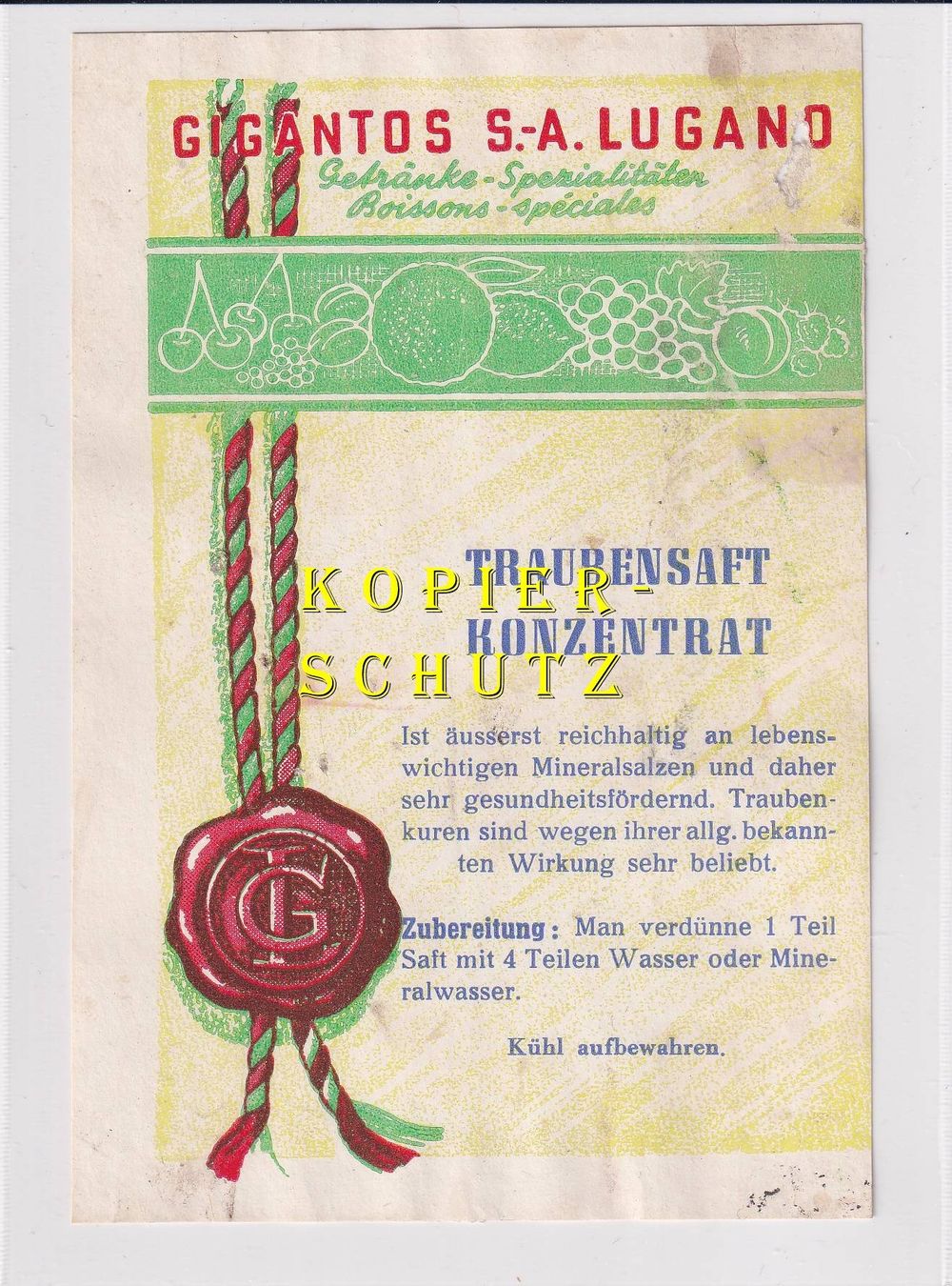 Carta: Etikette - Traubensaft Konzentrat /bd – Usato da Hombrechtikon venduto da Rudolf07