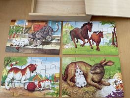 Vintage Puzzle mit 4 verschiedenen Tiermotiven aus Holz