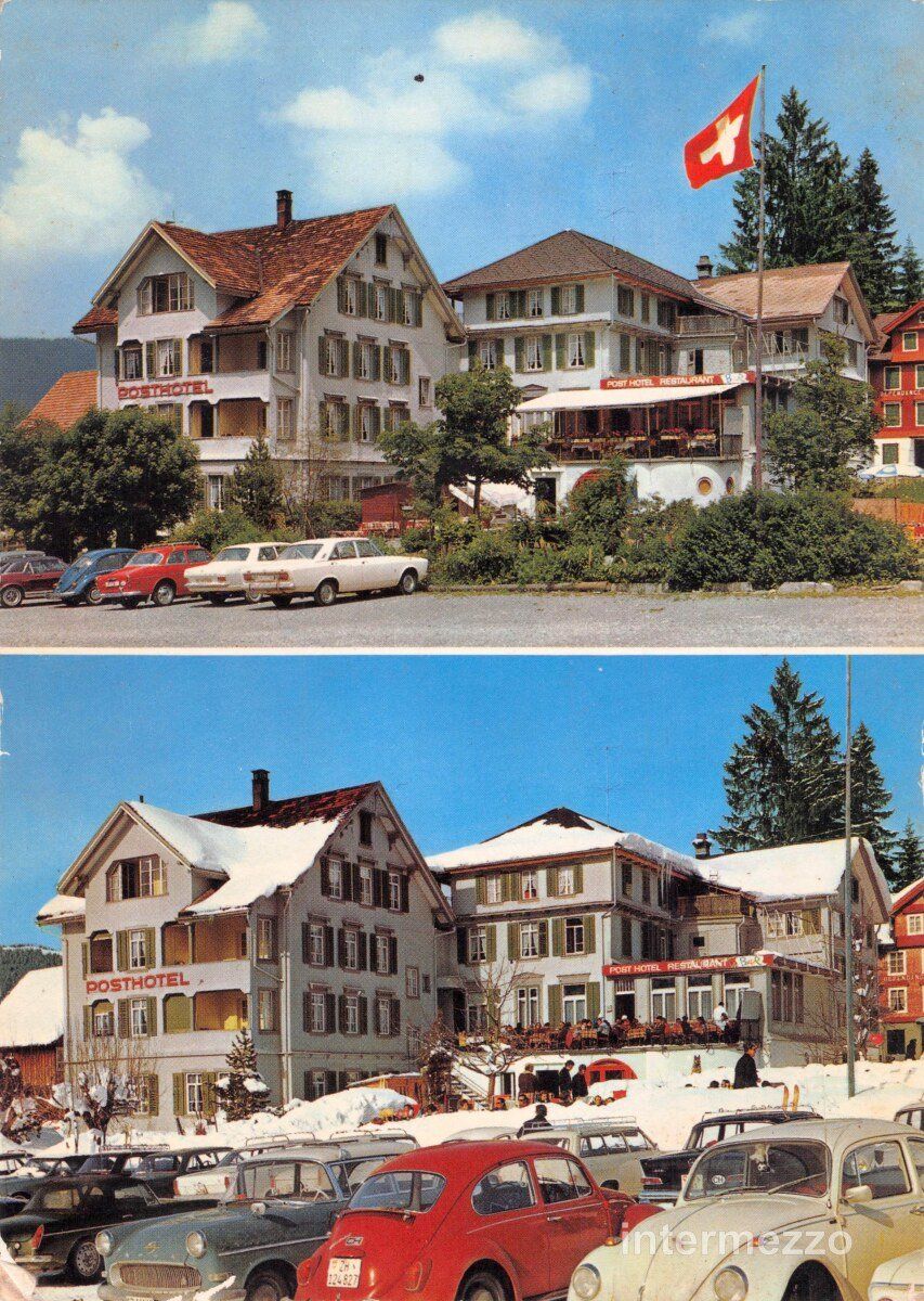 Cartoline postali: Oberiberg SZ // Posthotel Oldtimer alte Autos VW Käfer – Usato da Basel venduto da intermezzo12