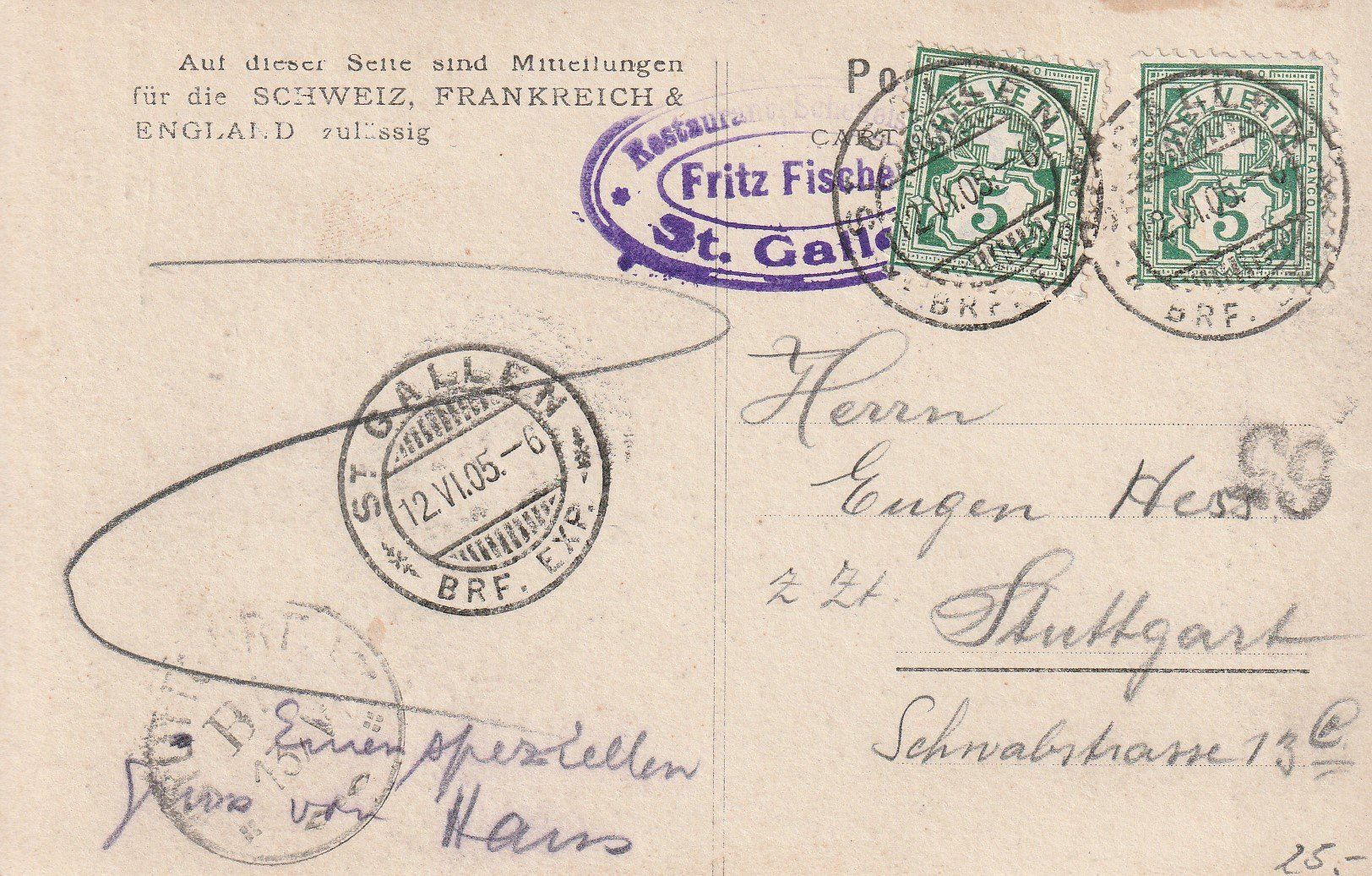 Cartoline postali: St.Gallen-Restaurant Scheffelstein  1905 Restaurantstempel. – Usato da uttwil venduto da Koehlerfred 1