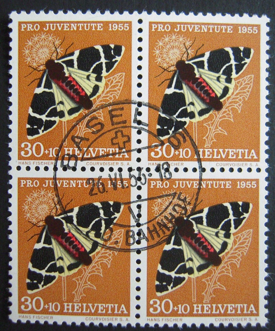 Alle Briefmarken: PJ 1955 Nr.161 VB gest. Basel 26.6. 1956 – Gebraucht aus Stallikon von Saentis2014