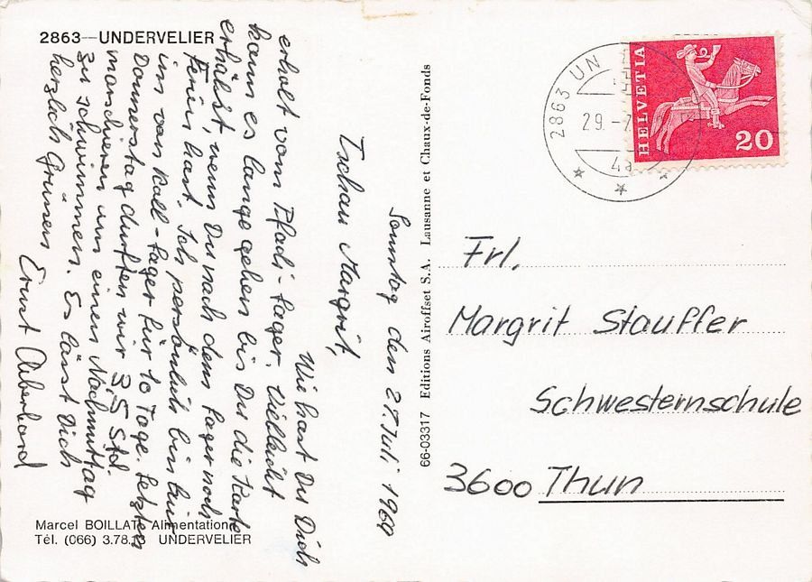 Cartes postales: Undervelier, circulée 1969 – D'occasion à Frauenfeld par POML 1