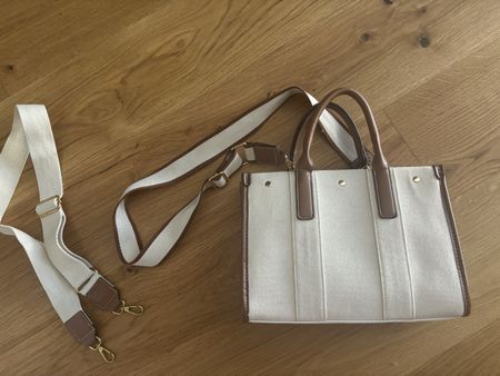 Handtasche Stoff weiss braun Leder mit Tragegurt NEU