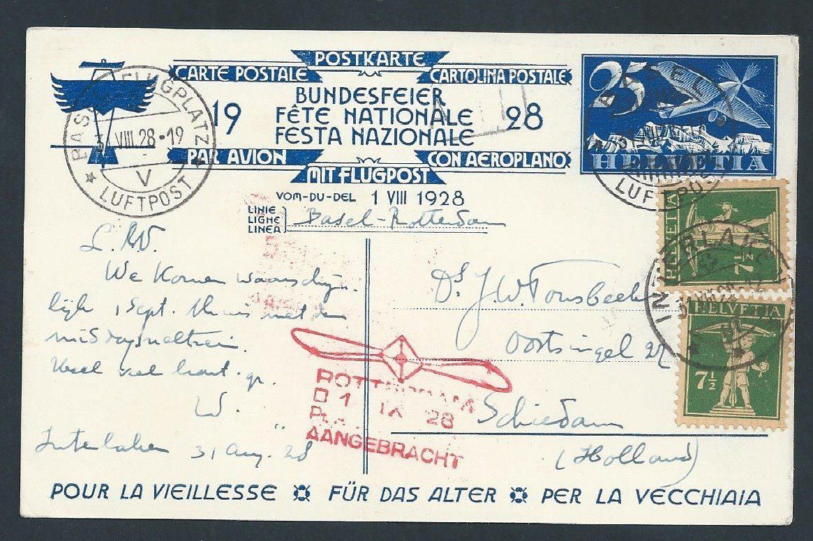 Tutti i francobolli: Flugpost Schweiz 1928 Basel Rotterdam Luftpost – Usato da Au ZH venduto da xelagreb01