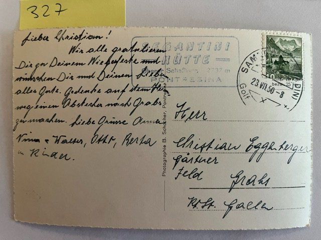 Ansichtskarten: Ansichtskarte Segantinis Sterbehaus Oberer Schafberg, 1950 – Gebraucht aus Niederwil AG von dahu75 1