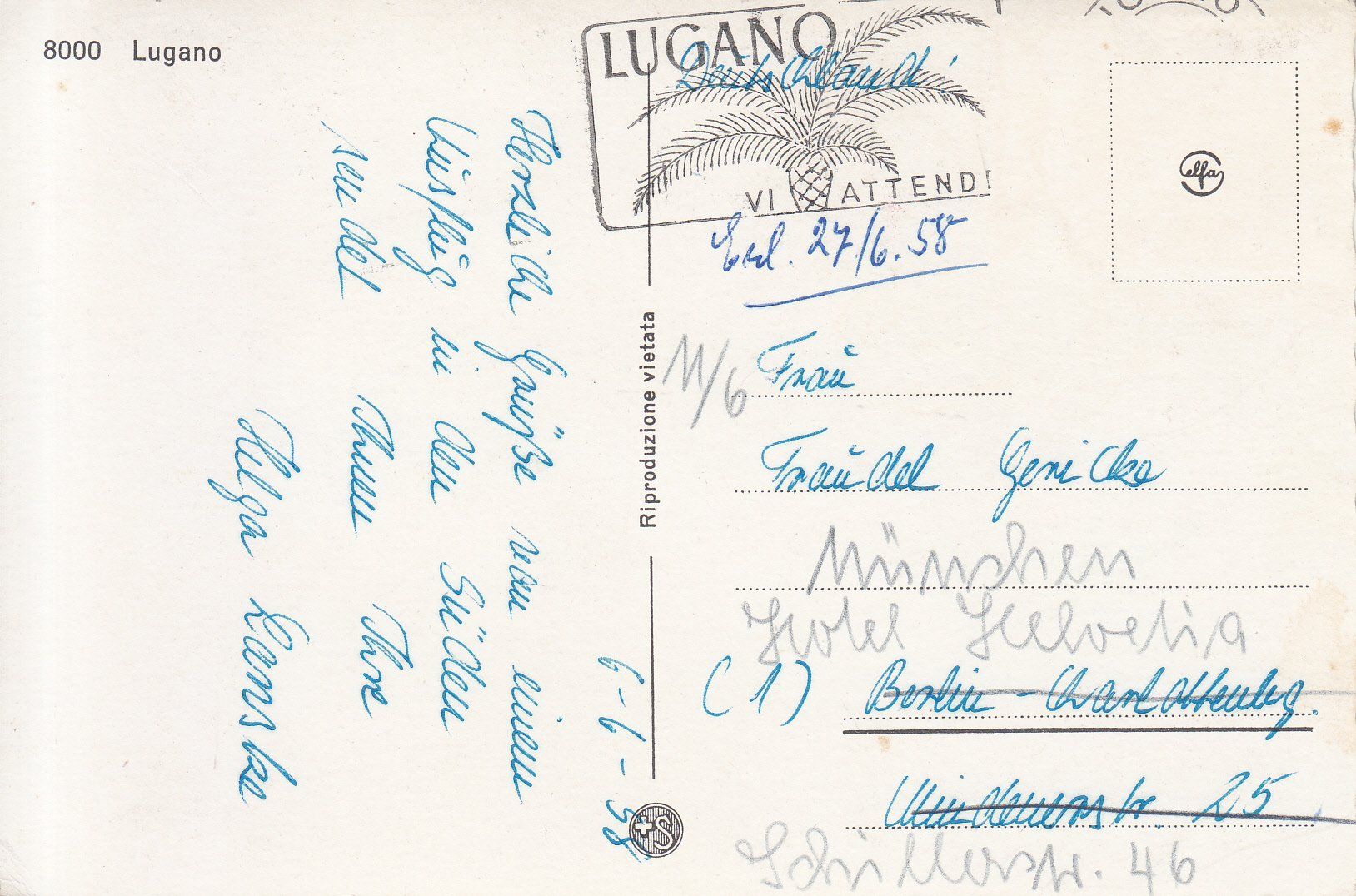 Cartoline postali: Lugano 1958 coloriert – Usato da Bürglen TG venduto da StampGraf 1