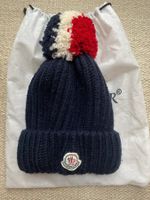 Bonnet Moncler bleu marine à pompon tricolore - Neuf
