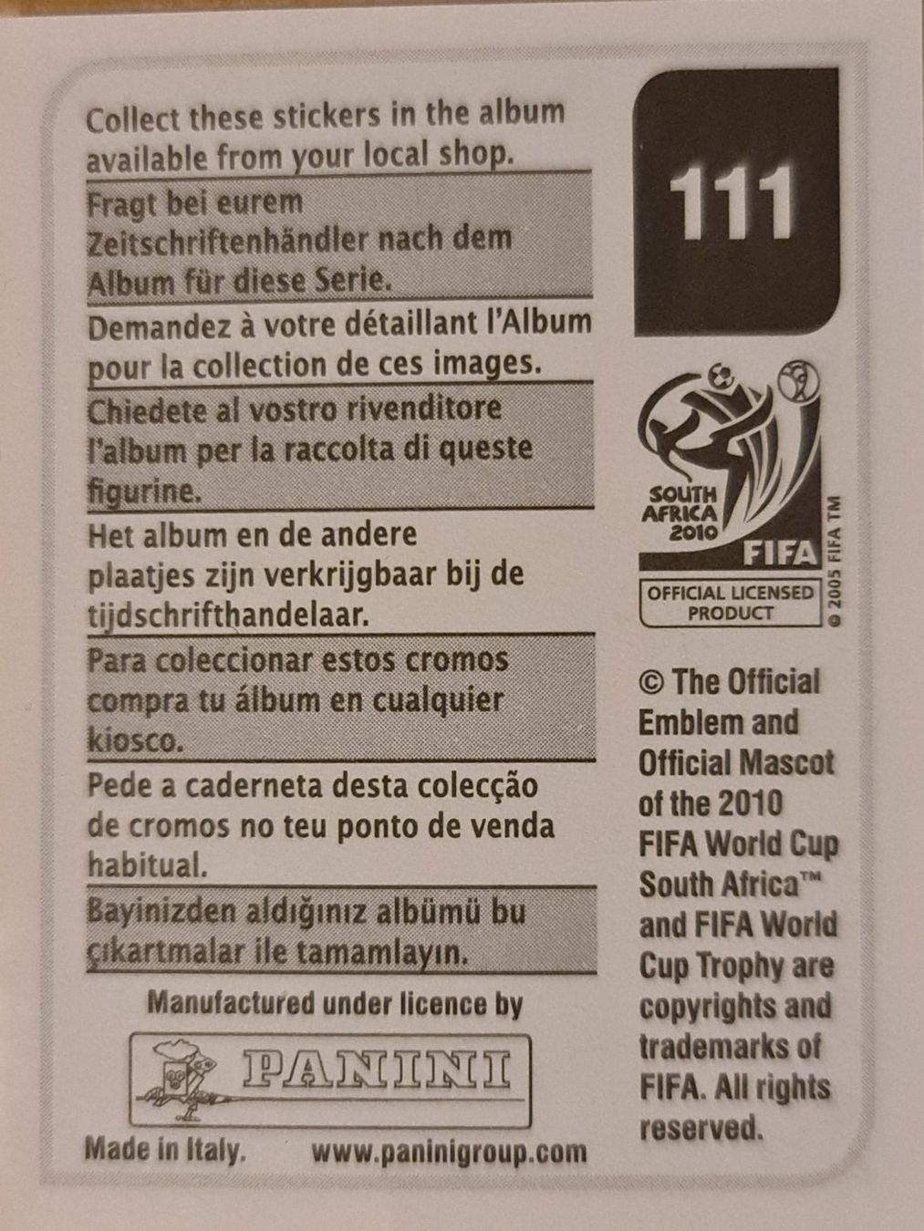 Panini Sammelbilder & Trading cards: Panini WM 2010 Nr. 111 – Neu (gemäss Beschreibung) aus Dintikon von Prime-shop 1