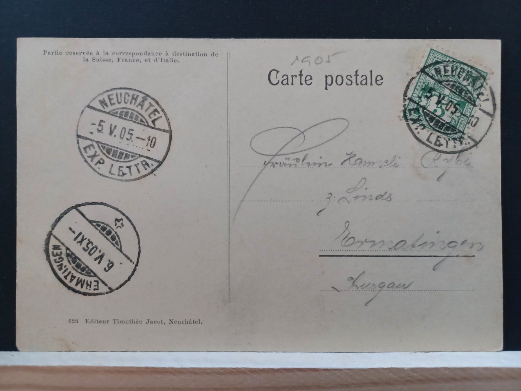 Cartoline postali: NE, No. 626, Neuchâtel, 5.V.05, nach Ermatingen – Usato da Aarau Rohr venduto da mgvw 1