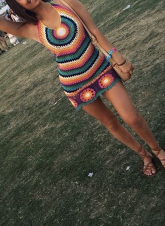Rat and Boa Eye-catching rainbow crochet mini dress 