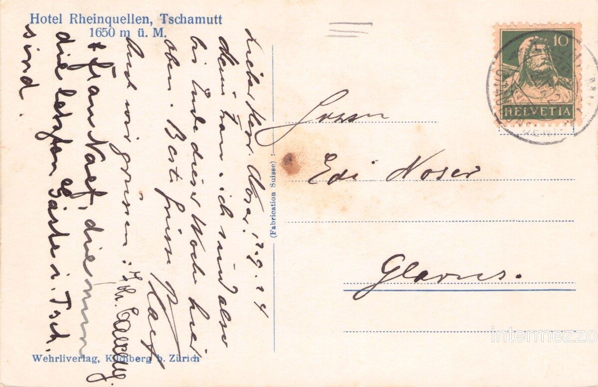 Ansichtskarten: Tschamutt GR // 1924 Hotel Rheinquellen Kutsche – Gebraucht aus Basel von intermezzo12 1