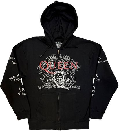 Queen Unisex Zipped Hoodie - Logo & Crest Outline (Charcoal)