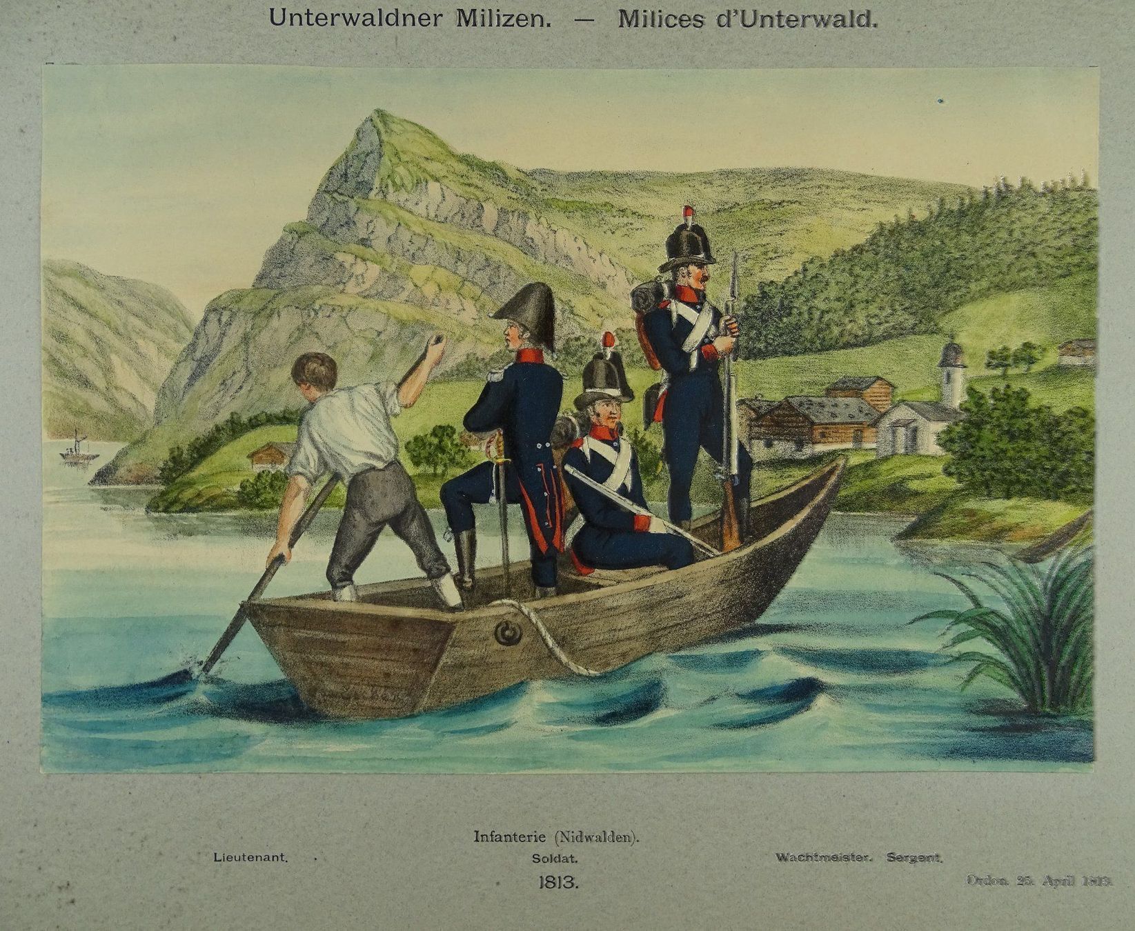 Grafica & Litografie: UNTERWADNER MILIZEN LITHOGRAPHIE UM 1890 – Usato da Grüningen venduto da Kartensammler