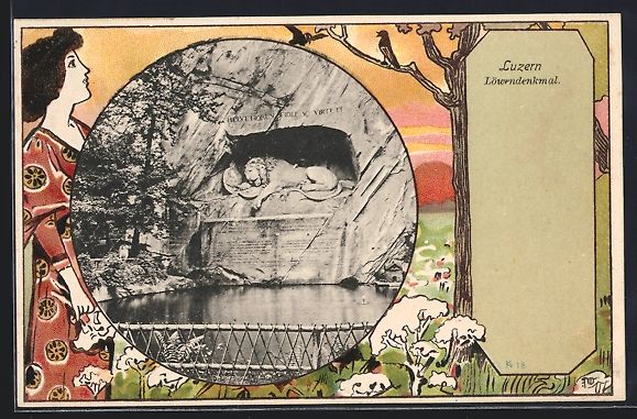 Cartoline postali: Luzern, Löwendenkmal im Jugendstil-Pass – Usato da Berlin venduto da bartko-reher