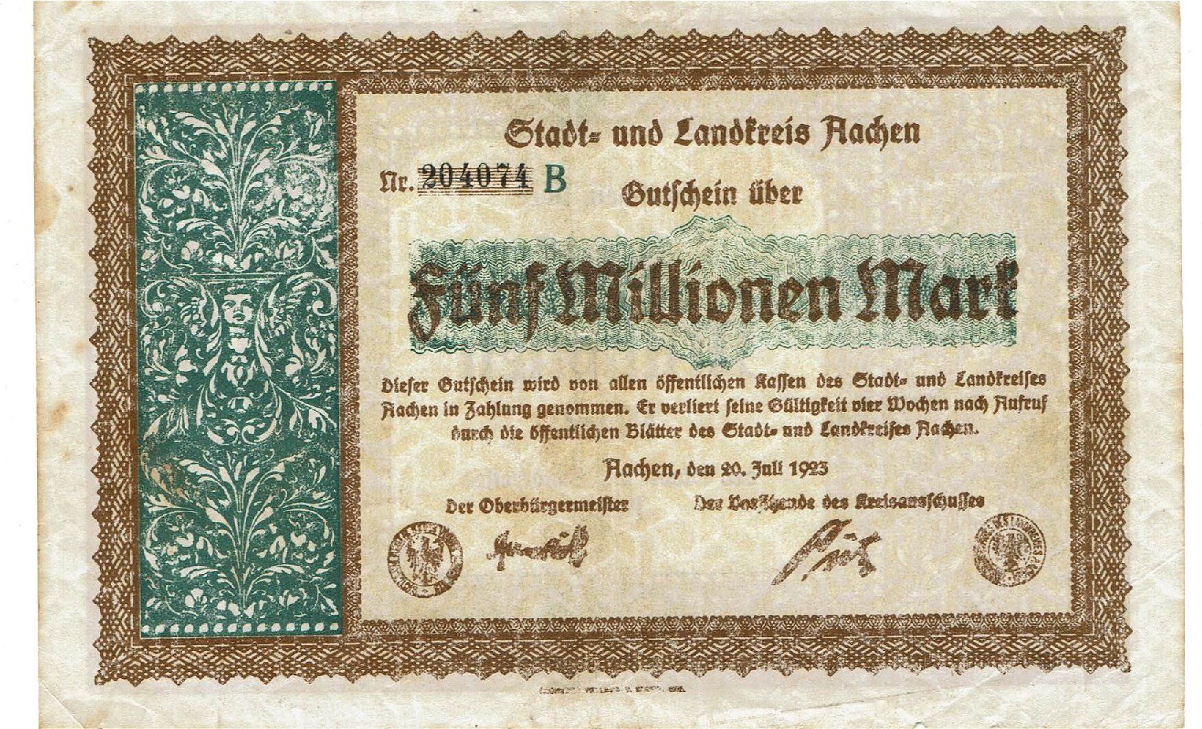 Banconote: Aachen 5 Mil.Mark Serie B 20.07.1923 SS+-SS++ – Usato da Steffisburg venduto da ber_8htf