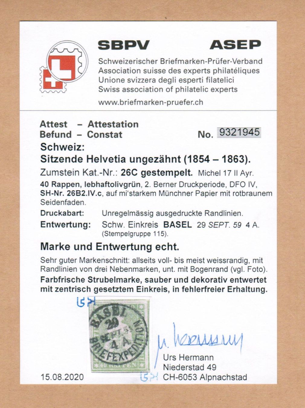 Tous les timbres: Strubel 26C - Attest Hermann – D'occasion à Bern par peri02 2