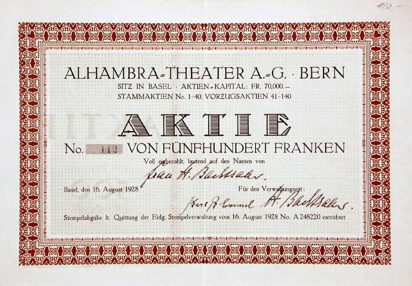 Documenti: Alhambra-Theater AG Bern, Basel - 1928 – Usato da Solothurn venduto da Sgasche