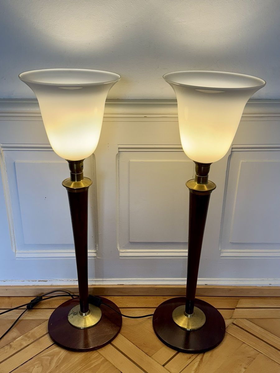 Lampade: Mazda Stehlampen - Set Holz / Messing / Opal Glas - Art Déco – Usato da Zürich venduto da Nobs1
