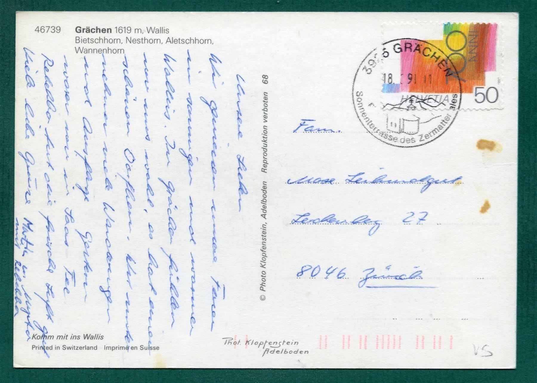 Cartoline postali: Grächen, 1991, gelaufen, Grossformat – Usato da Sargans venduto da Hausi1951 1