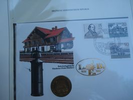 DDR Brief 1989, mit 5 Mark Sondermünze 150 Jahre Eisenbahn