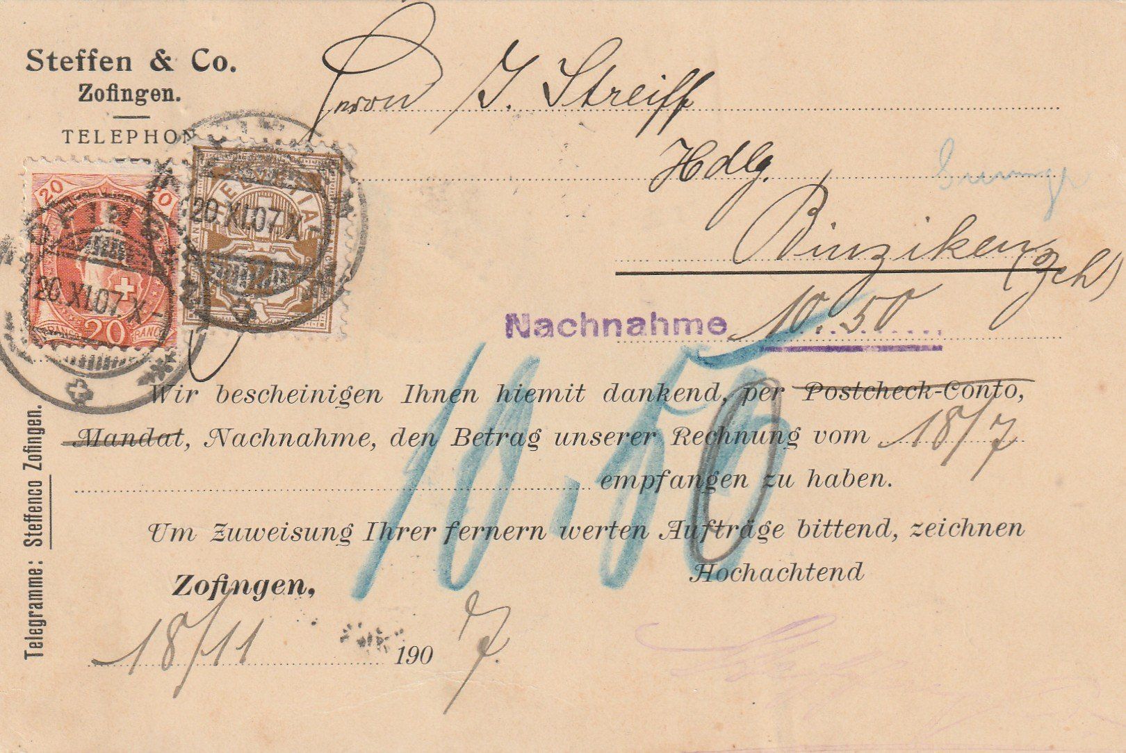 Cartoline postali: Firmenkarte Zofingen – Usato da Rorschacherberg venduto da fratovi2