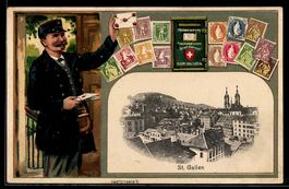 AK St. Gallen, Briefmarken und Postbote im Passepartout, Tot