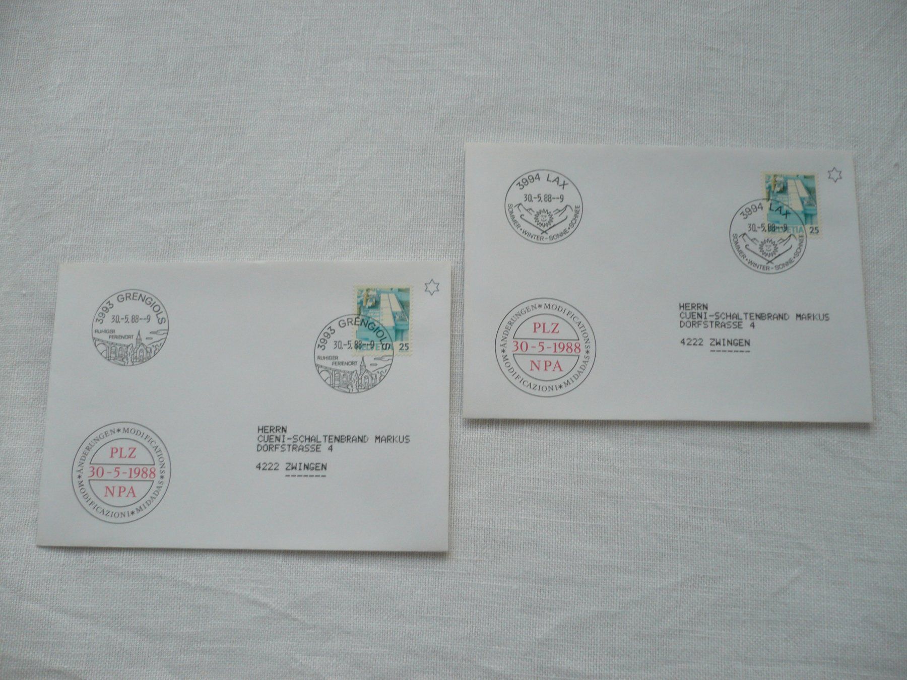 Alle Briefmarken: Werbedatumstempel - ET 3993 Grengiols / 3994 Lax – Gebraucht aus Zürich von saltandpepper008