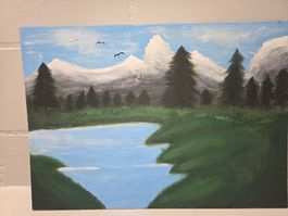 Original Gemälde, Winterlandschaft mit See, Handgemalt