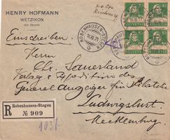 R-Brief von Robenhausen-Stegen ZH nach Ludwigslust (D) 1921