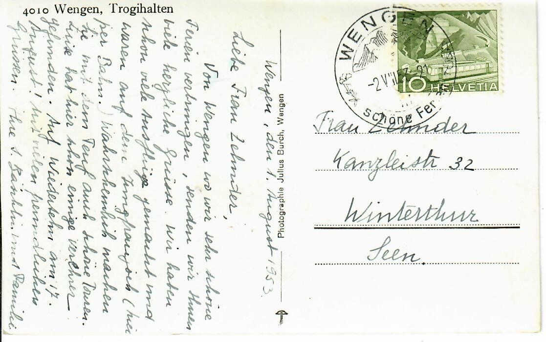 Cartoline postali: Wengen, Trogihalten 1953 – Usato da Hochdorf venduto da Ziegel-16 1