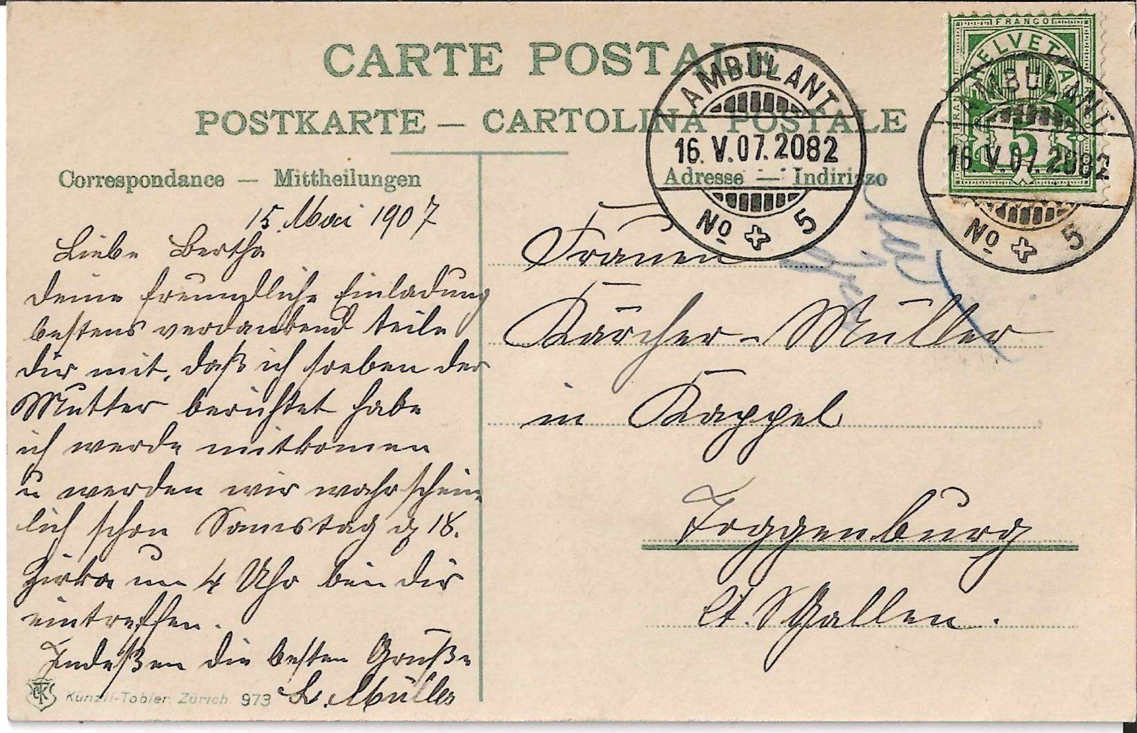 Cartoline postali: Karte Wädenswil 1907 – Usato da Zürich venduto da Philacat11 1